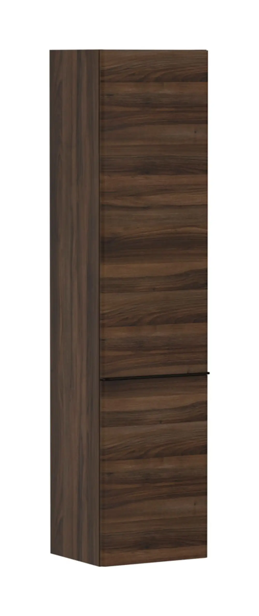 Hochschrank in dunklem Nussbaumfinish mit zwei Türen und vertikalen Holzmaserungen. Hansgrohe-Design. Türanschlag auf der linken Seite.